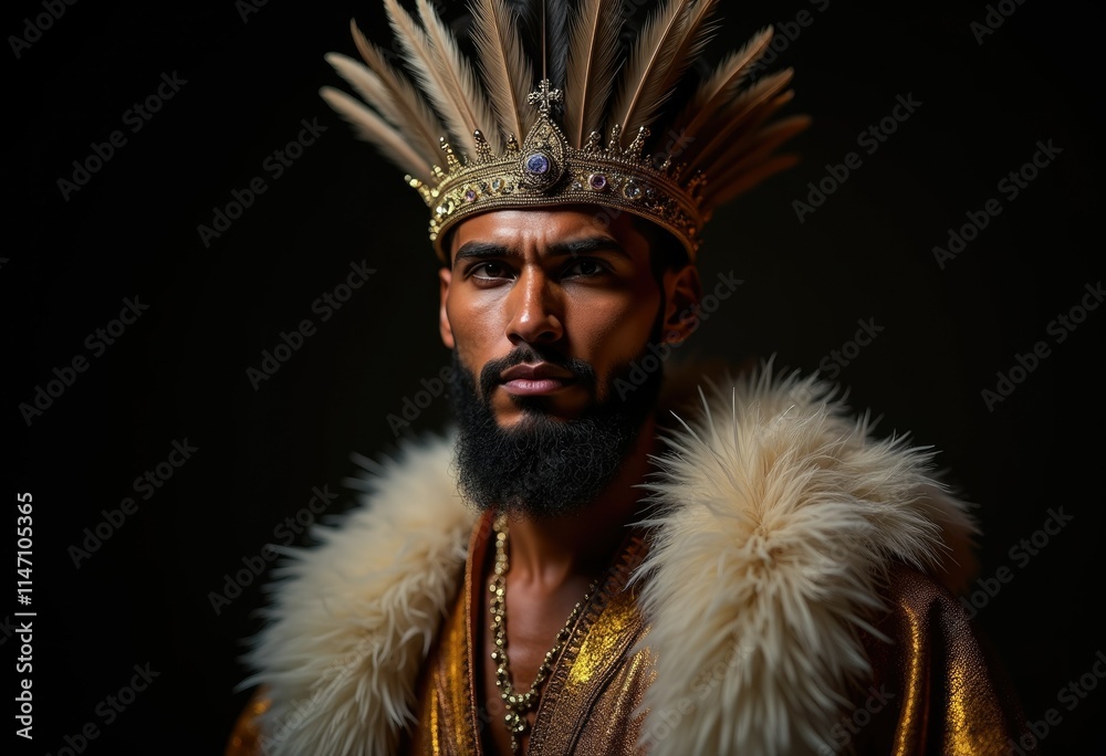A regal man with a dark beard, adorned in a golden robe, feather crown, and fur collar, stares intensely. A regal man with a dark beard, adorned in a golden robe, feather crown, and fur collar, stares intensely.