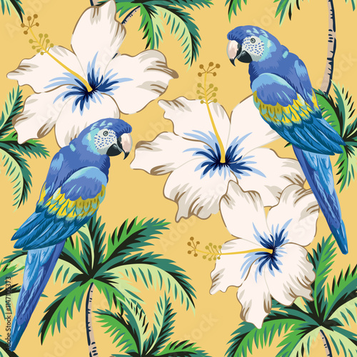 Tropical blue macaw parrots, palm trees, hibiscus flowers, yellow background. Vector seamless pattern. Floral illustration. Exotic plants, birds. Summer beach design. Paradise nature