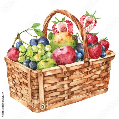 A watercolor vector of a picnic basket overflowing with summer fruits, isolated on a white background. Picnic basket summer fruits vector.
