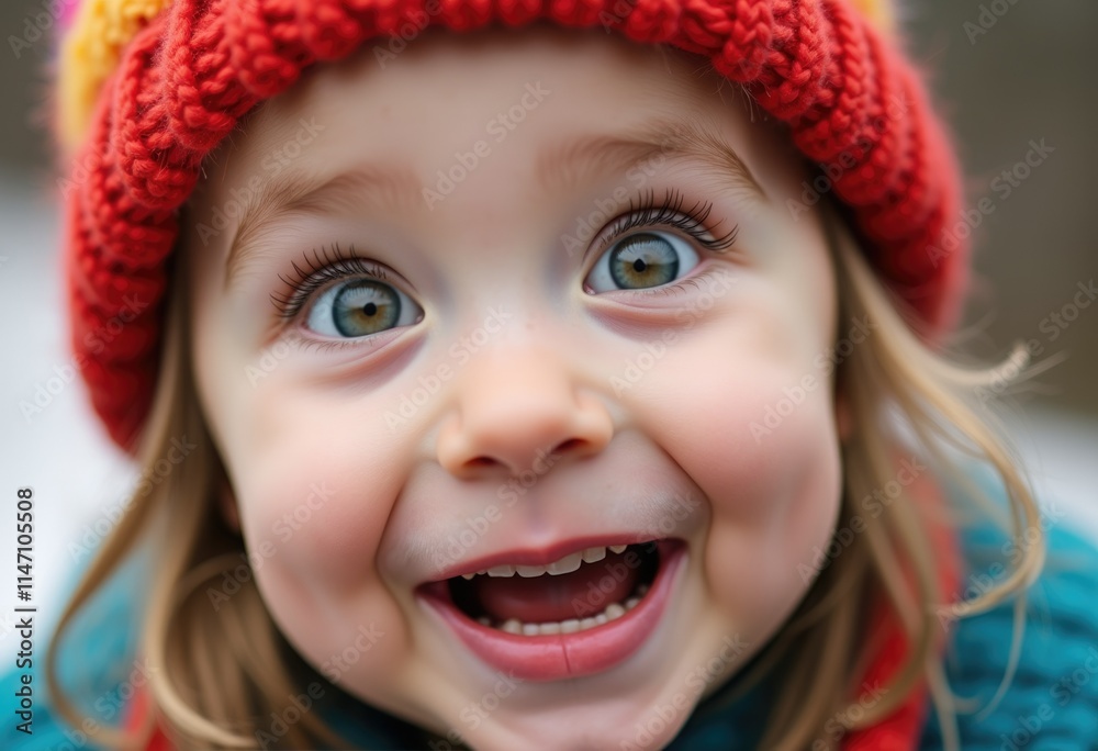 A close-up shot of a toddler's joyful face, wearing a red knitted hat. A close-up shot of a toddler's joyful face, wearing a red knitted hat.