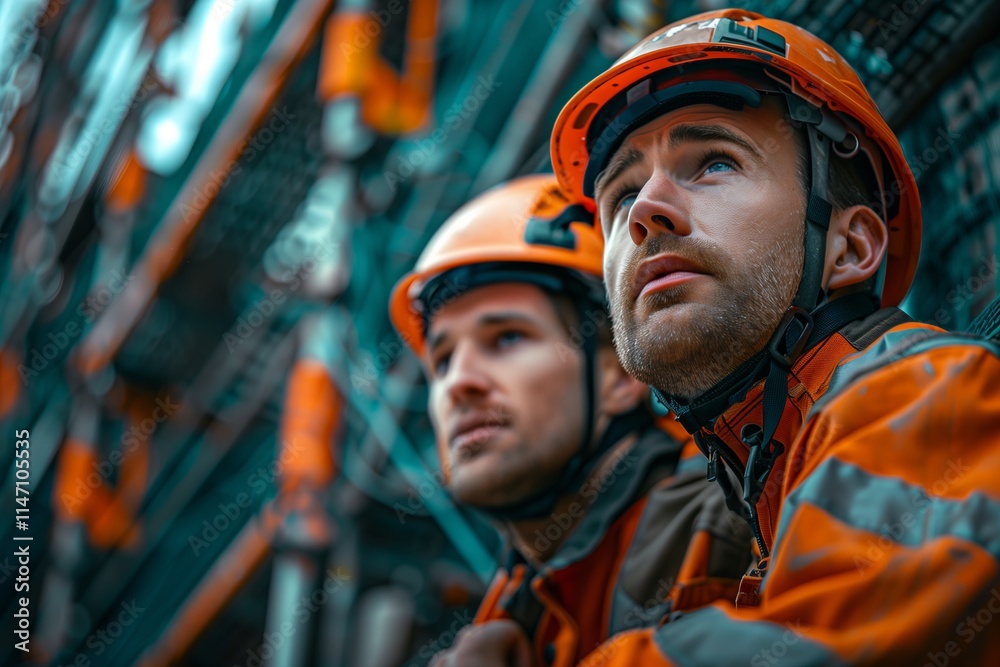 Two construction workers in helmets and gear, focused on their task amidst a bustling construction site. Two construction workers in helmets and gear, focused on their task amidst a bustling construction site.