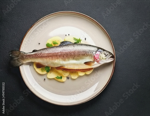 Whole Trout on a bed of sliced Lemons and Pate AI photo