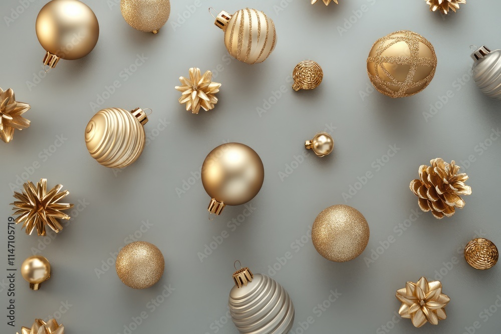 Golden Christmas and New Year decorations on grey background. Golden Christmas and New Year decorations on grey background.