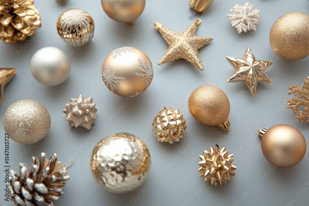 Golden Christmas and New Year decorations on grey background. Golden Christmas and New Year decorations on grey background.