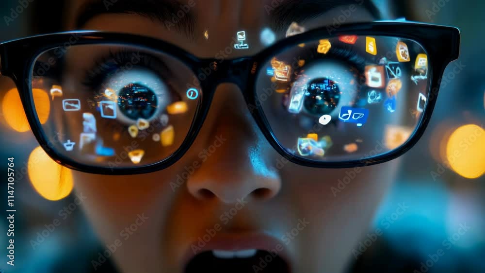Closeup of human eyes reflecting social media icons, showing the impact of digital overload on our lives