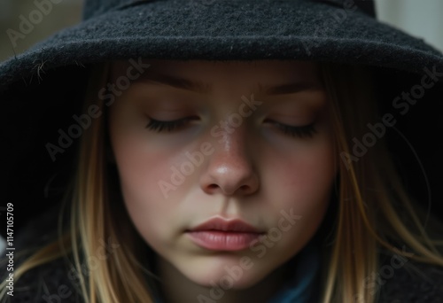Close-up portrait of a young woman with eyes closed, wearing a black hat, peaceful expression.