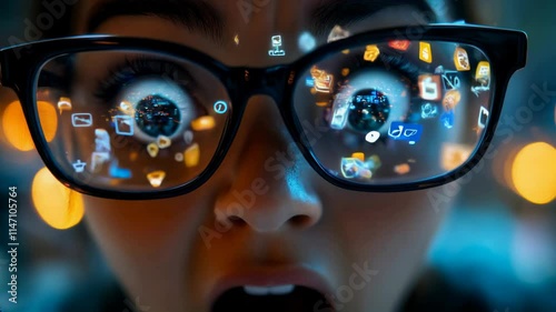 Closeup of human eyes reflecting social media icons, showing the impact of digital overload on our lives