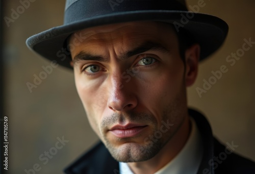 A man in a fedora, serious expression, close-up portrait. photo