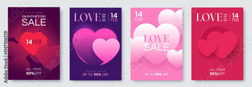 Creative Valentine's Day Posters collection. Love sale banners with hearts and space for text. Tender romantic cards. Ideal for flyer, social media. Vector illustration.