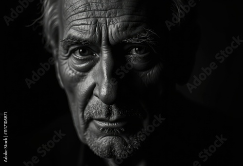 Close-up black and white portrait of an elderly man, showing his weathered face and intense gaze.