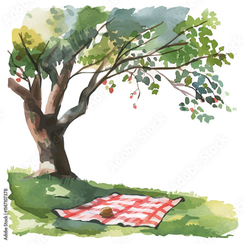 A watercolor vector of a picnic blanket under a shady tree, isolated on a white background. Picnic blanket shady tree vector.
