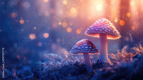 red spotted mushrooms growing in magical forest with glowing lights and dreamy atmosphere

