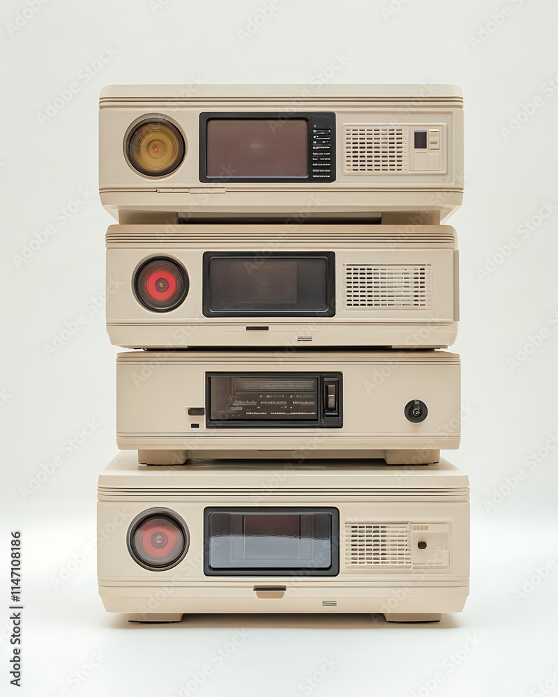 Obraz premium Retro Beige Audio Visual Equipment Stacked Vintage Style