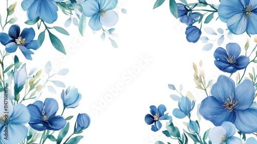 Elegant watercolor floral design featuring blue flowers and green leaves on a white background