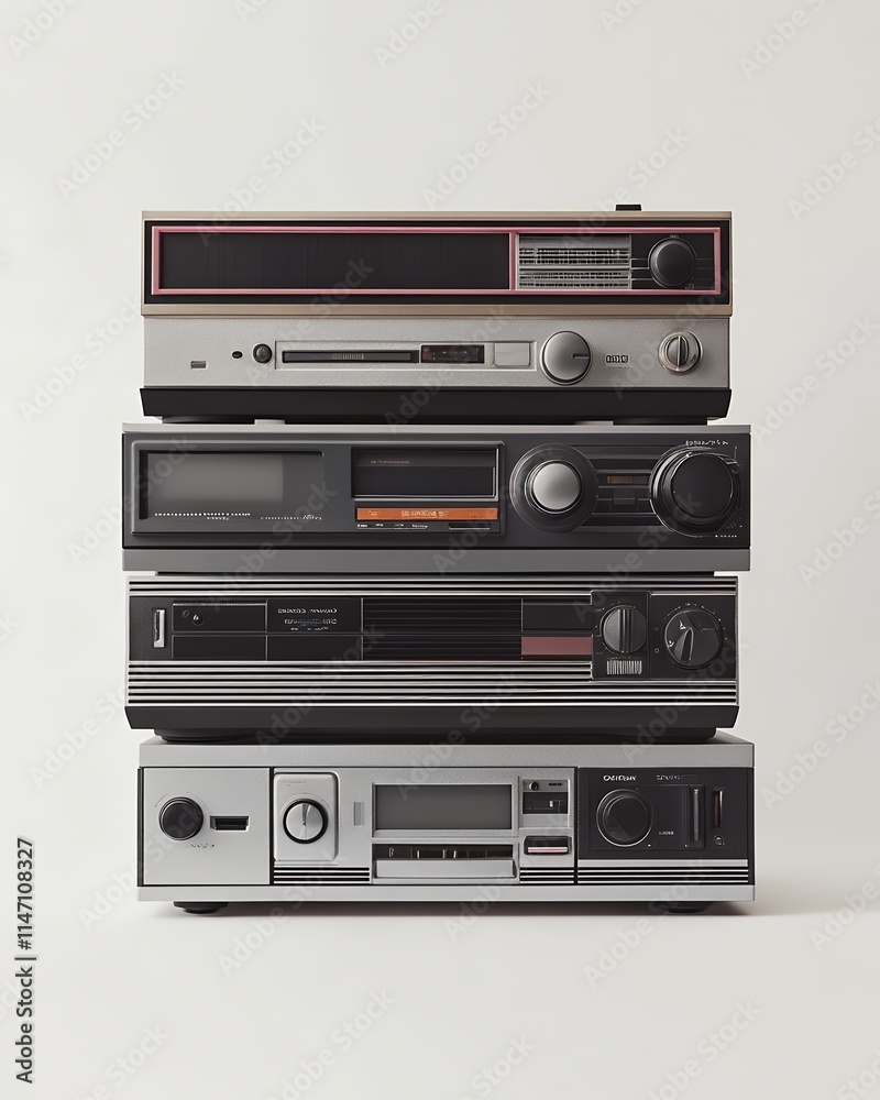 Fototapeta premium Retro Stereo System Stack Vintage Audio Cassette Player Recorder Devices
