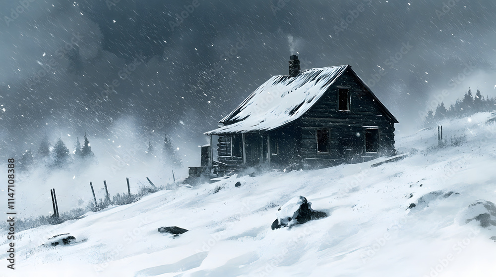 A dark log cabin sits on a snowy hillside during a blizzard. The snow falls heavily, obscuring the surrounding landscape. Smoke rises from the chimney, hinting at life within. A dark log cabin sits on a snowy hillside during a blizzard. The snow falls heavily, obscuring the surrounding landscape. Smoke rises from the chimney, hinting at life within.