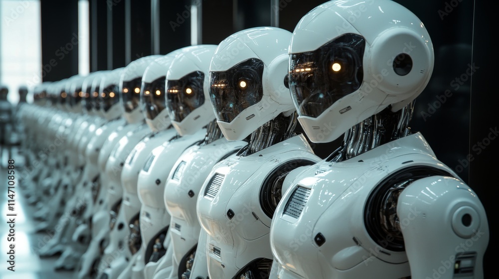 Line of futuristic robots in symmetry