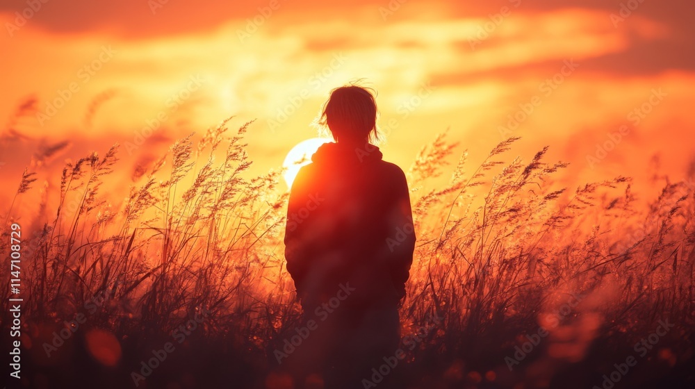 Silhouette of a person in a field during sunset Silhouette of a person in a field during sunset