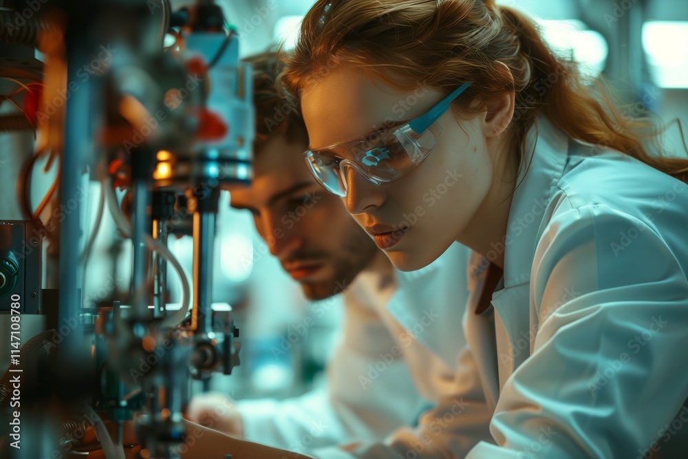 Two scientists focused on research, showcasing determination and collaboration in a lab environment. Two scientists focused on research, showcasing determination and collaboration in a lab environment.