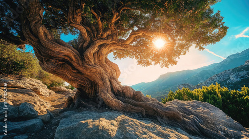ancient twisted tree on rocky mountain with bright sun and scenic nature landscape view


