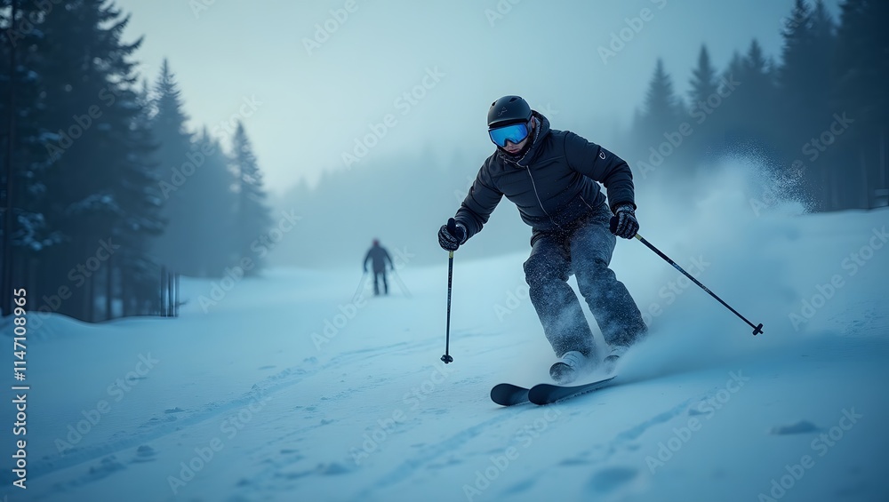Serene Twilight Ski Descent: A Winter Wonderland