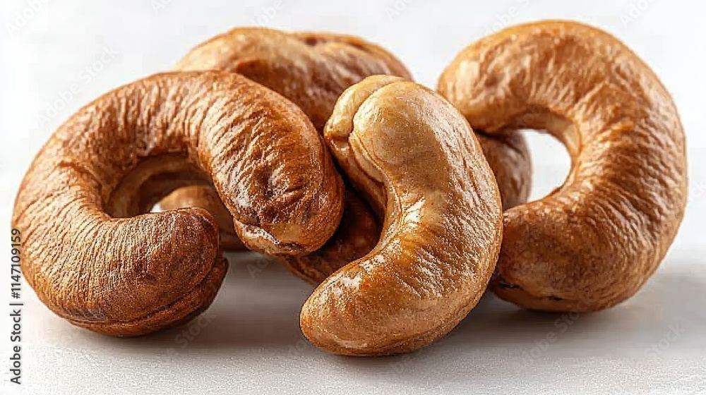 A close-up of several roasted cashew nuts on a light surface. A close-up of several roasted cashew nuts on a light surface.