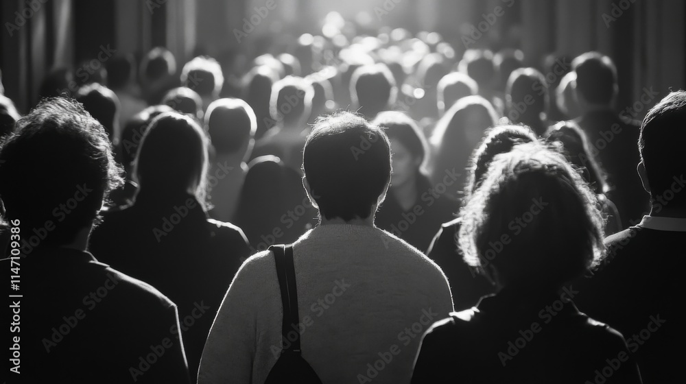 Obraz premium Black and white crowd in a dark concert setting