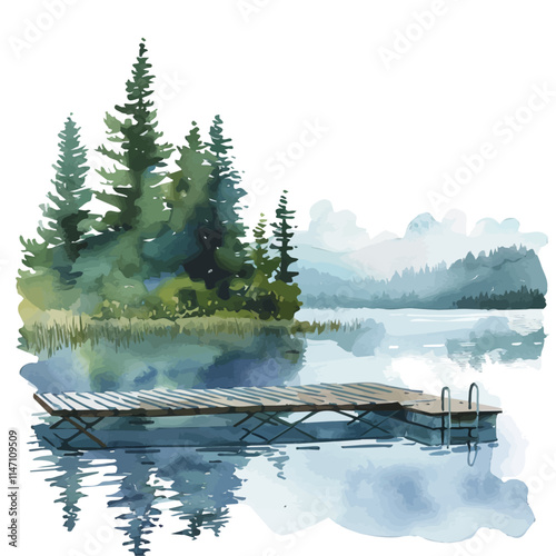 A watercolor drawing of a quiet summer morning at the lake with mist, isolated on a white background. Lake mist summer vector.
