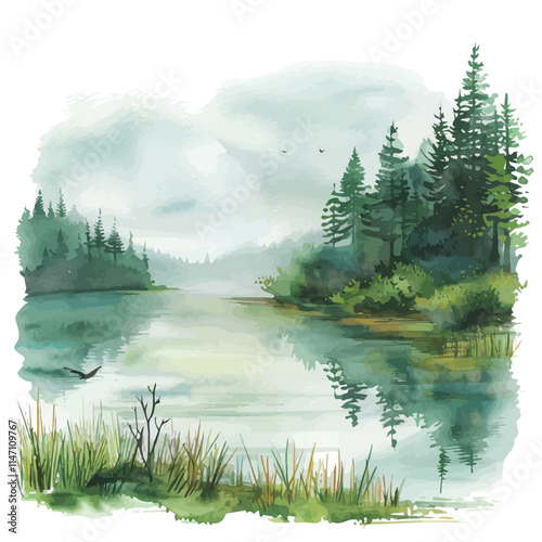A watercolor drawing of a quiet summer morning at the lake with mist, isolated on a white background. Lake mist summer vector.
