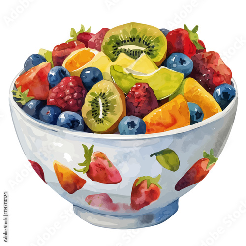 A watercolor vector of a refreshing fruit salad in a bowl, isolated on a white background. Fruit salad bowl vector.
