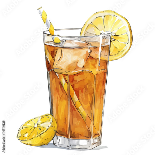 A watercolor vector of a refreshing glass of iced tea with lemon slices, isolated on a white background. Iced tea lemon slices vector.
