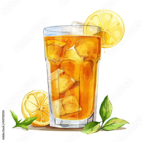 A watercolor painting of a refreshing glass of iced tea with lemon slices, isolated on a white background. Iced tea lemon slices vector.
