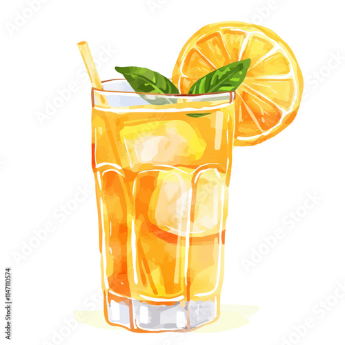 A watercolor vector of a refreshing glass of lemonade with a slice of orange, isolated on a white background. Lemonade orange slice vector.
