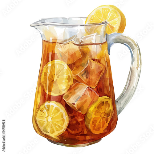 A watercolor vector of a refreshing ice tea pitcher with lemon slices, isolated on a white background. Ice tea lemon slices vector.
