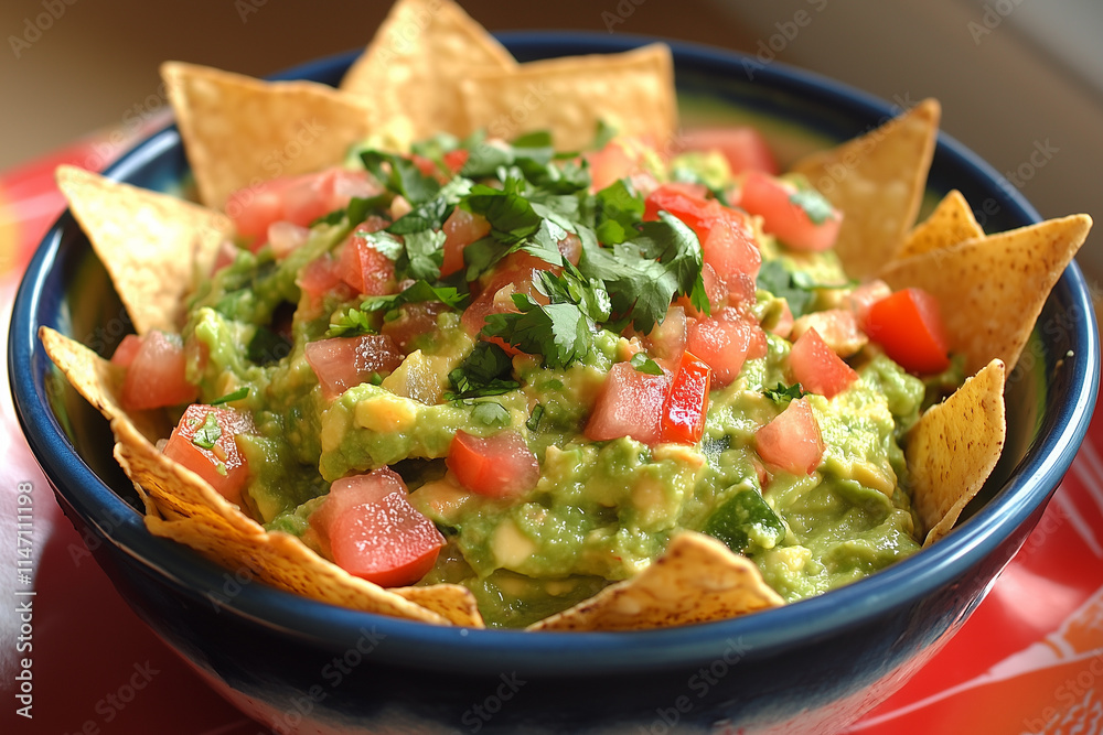 A vibrant bowl of guacamole surrounded by crispy tortilla chips, topped with diced tomatoes and cilantro A vibrant bowl of guacamole surrounded by crispy tortilla chips, topped with diced tomatoes and cilantro