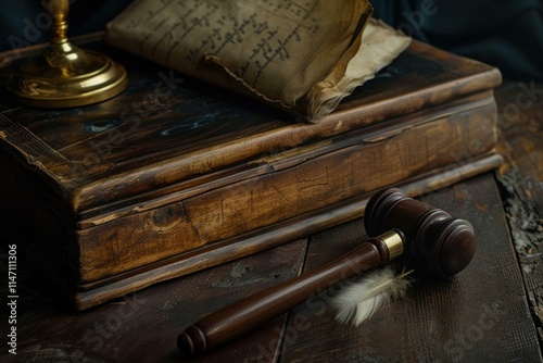 Wooden gavel laying on a judge's desk next to an ancient book and a quill, rendering justice photo