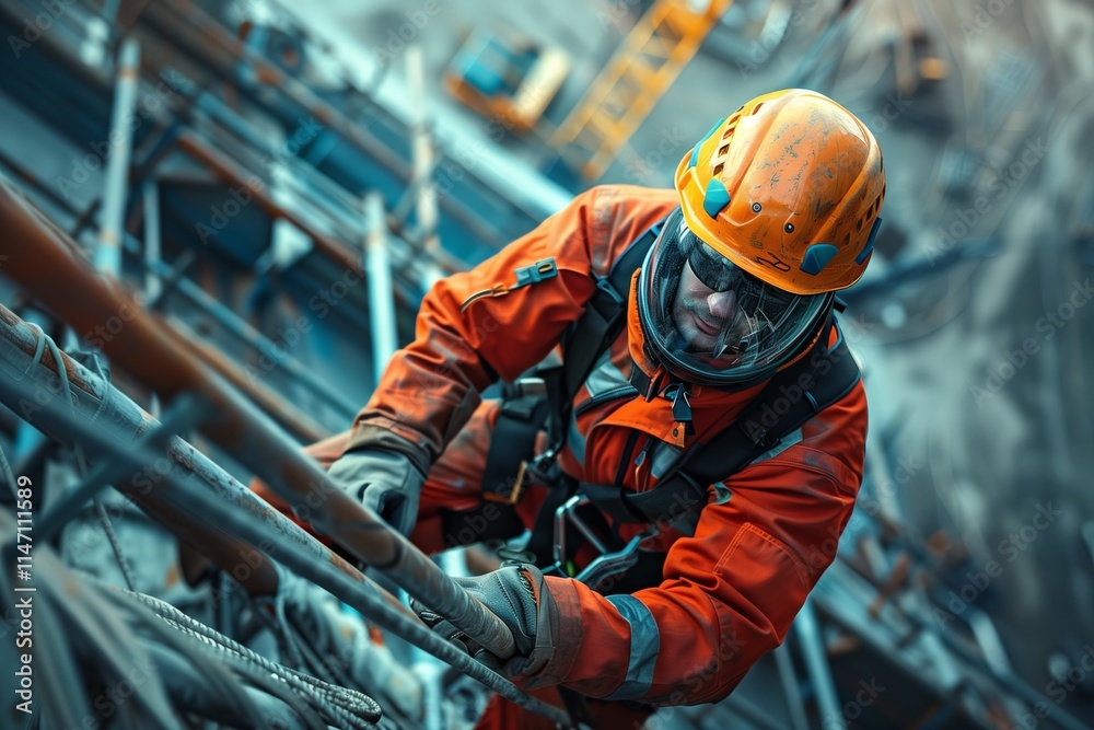 Worker in safety gear climbs a tall structure, showcasing dedication to industrial safety and height operations. Worker in safety gear climbs a tall structure, showcasing dedication to industrial safety and height operations.