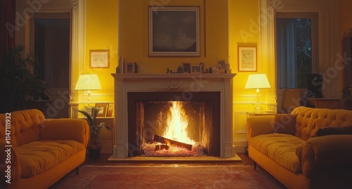 Cozy living room with a warm fireplace glowing in the evening light creating a tranquil atmosphere