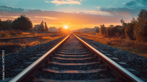 railway track stretching into horizon during colorful sunset with scenic countryside landscape

