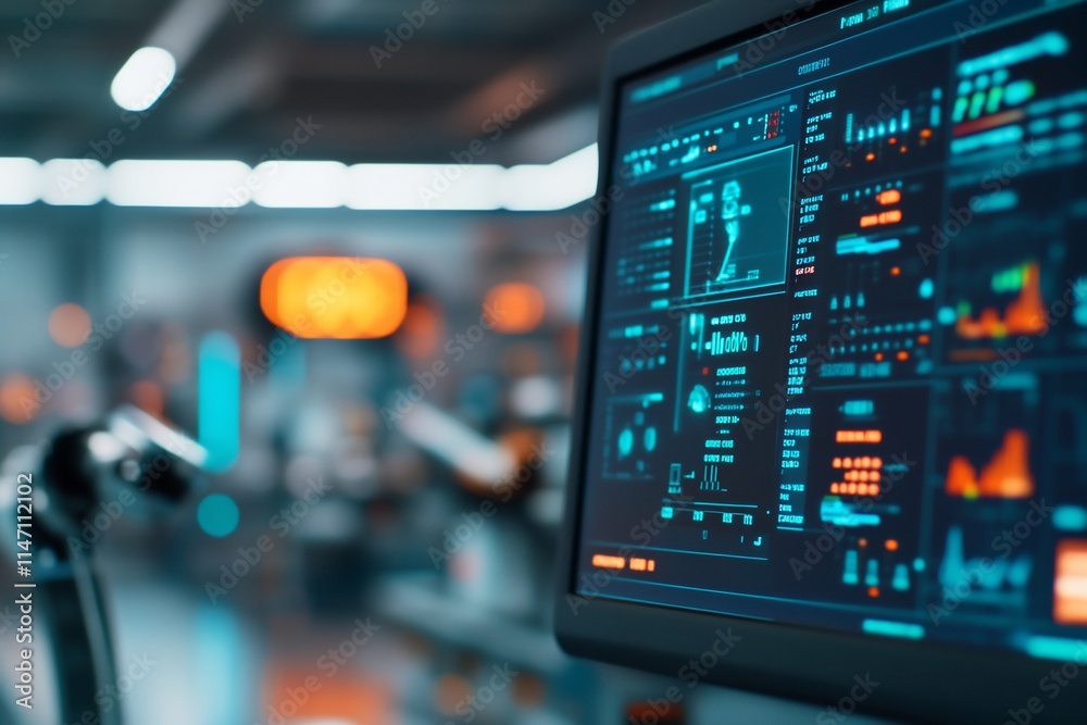 A high-tech monitor displays data analytics in a modern lab environment. A high-tech monitor displays data analytics in a modern lab environment.