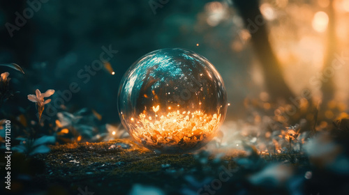 magical glass orb glowing in enchanted forest with firefly lights and dreamy fantasy atmosphere

