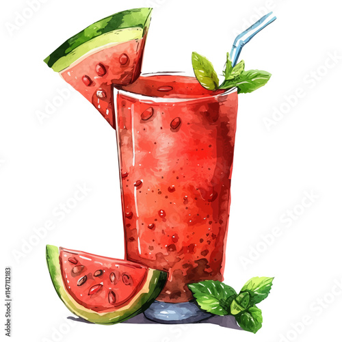 A watercolor vector of refreshing watermelon smoothie in a glass, isolated on a white background. Watermelon smoothie glass vector.
