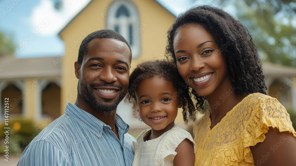 Portrait of smiling African American man, woman and child against background of Baptist church, religious family Portrait of smiling African American man, woman and child against background of Baptist church, religious family