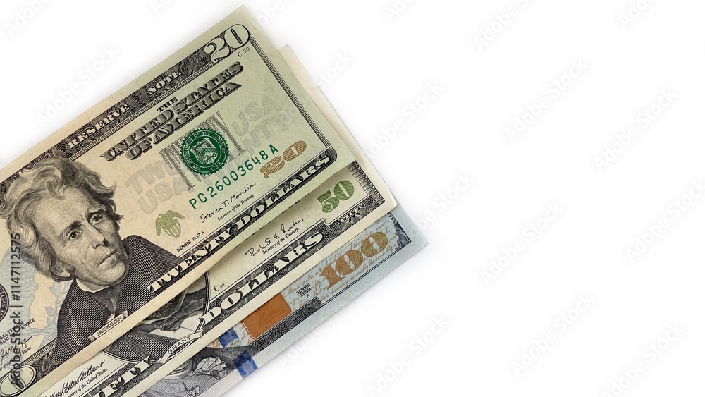 Stack of US dollar bills including 20, 50, and 100 notes on a white background, suitable for financial, banking, or investment-related themes. Ideal for advertising or educational content. Stack of US dollar bills including 20, 50, and 100 notes on a white background, suitable for financial, banking, or investment-related themes. Ideal for advertising or educational content.