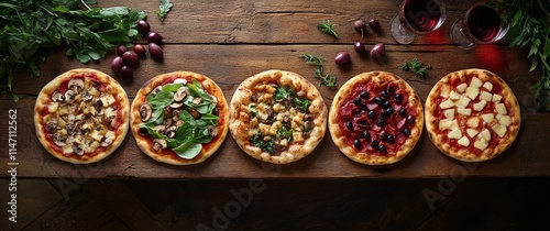 Assortment of five delicious pizzas with various toppings and red wine on a rustic wooden table in an inviting photo