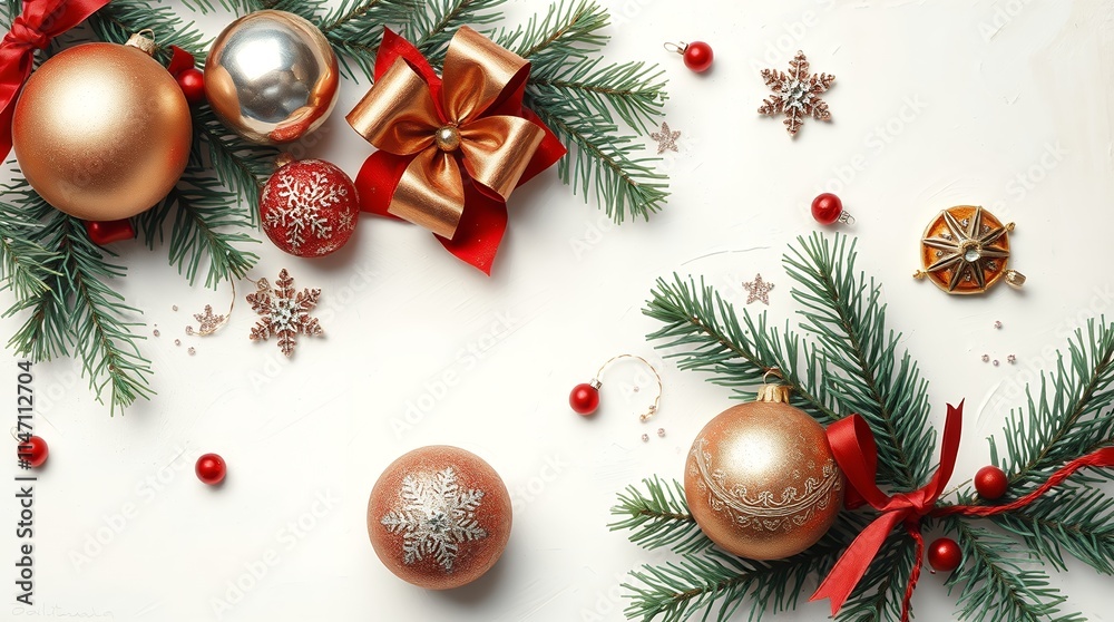 Festive Christmas decorations arranged on a white background. Festive Christmas decorations arranged on a white background.