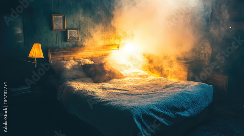 sunlight shining through smoke in a cozy bedroom with messy bed and warm ambient lighting

