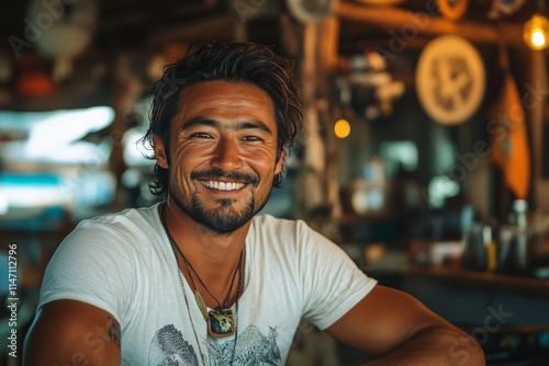 Smiling young man seated at a rustic cafe, enjoying the cozy atmosphere and engaging in conversation with