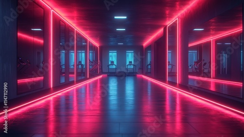 Neon-lit gym corridor with mirrored walls and fitness equipment.