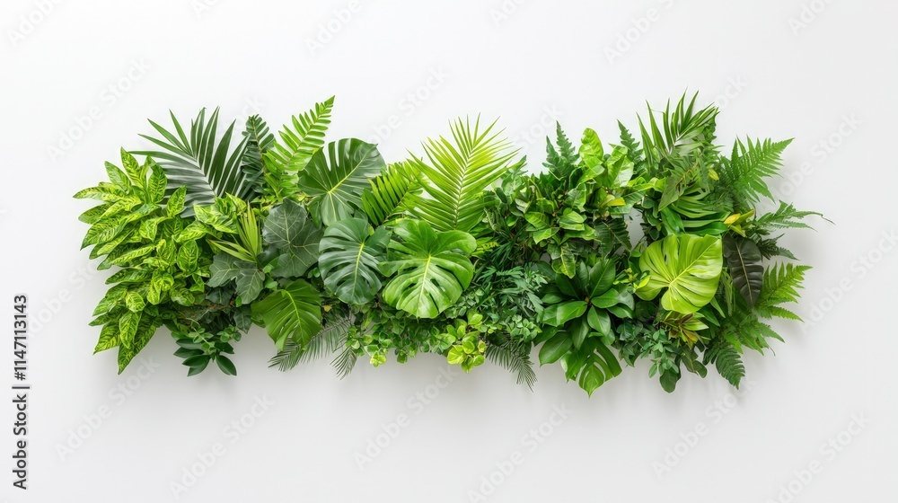 Fototapeta premium Lush green tropical foliage arrangement on white background. (1)